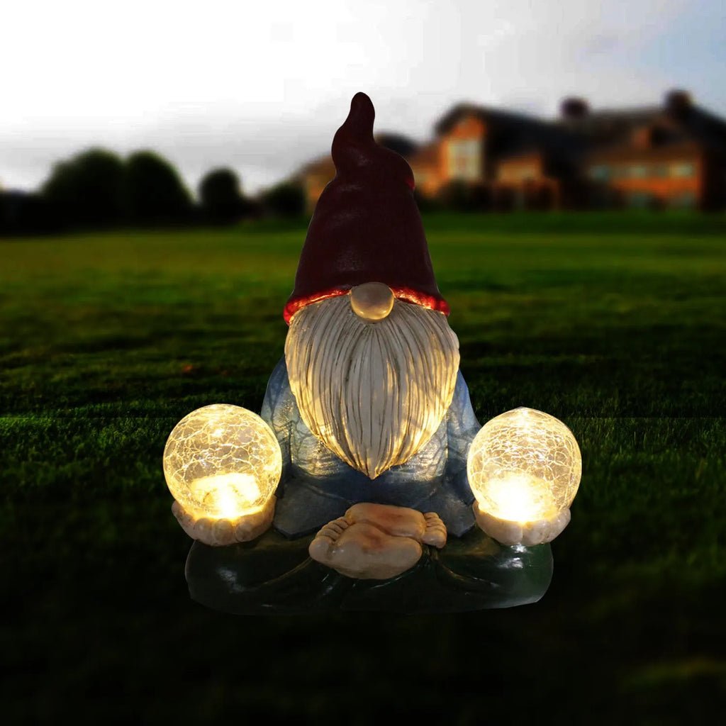 Solar LED resin dwarf garden statue with faceless old man design, 27cm tall outdoor ornament