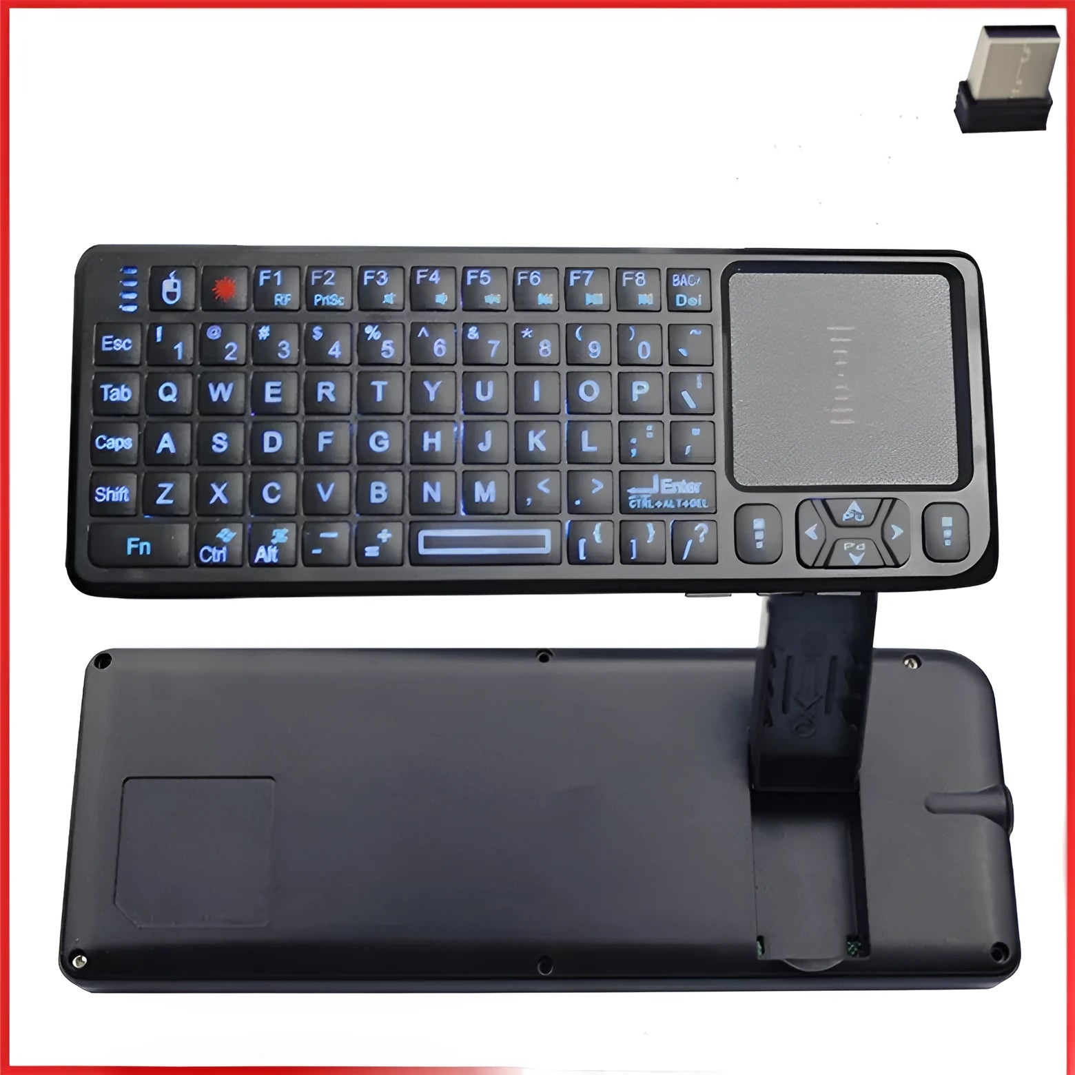 Black laser teaching mini wireless keyboard with a touch screen on a desk