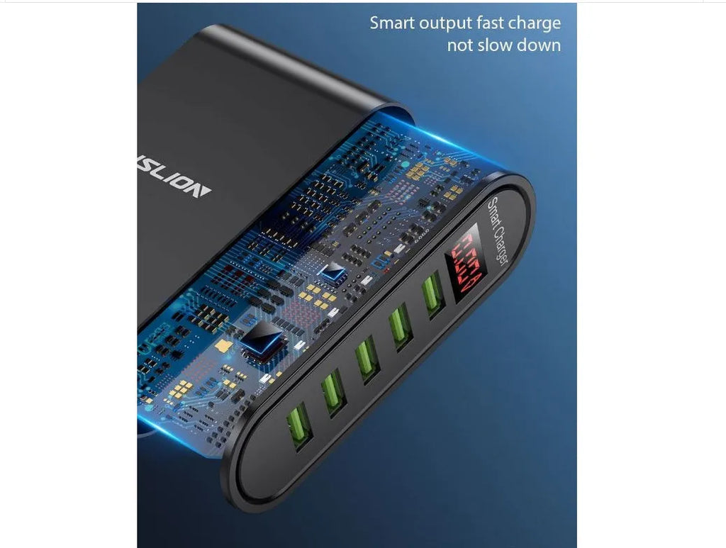 5-port USB digital display charger with LED screen, black, fireproof ABS housing, US plug