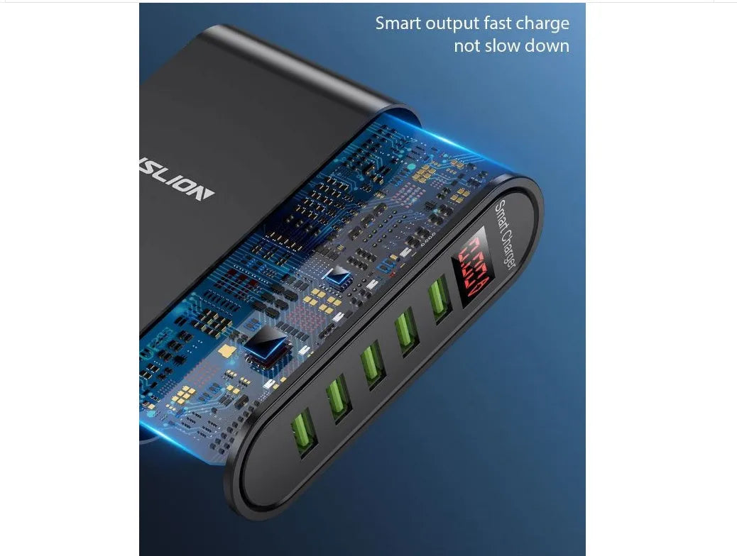 5-port USB digital display charger with LED screen, black, fireproof ABS housing, US plug