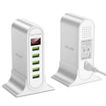 5-port USB digital display charger with LED screen, black, fireproof ABS housing, US plug