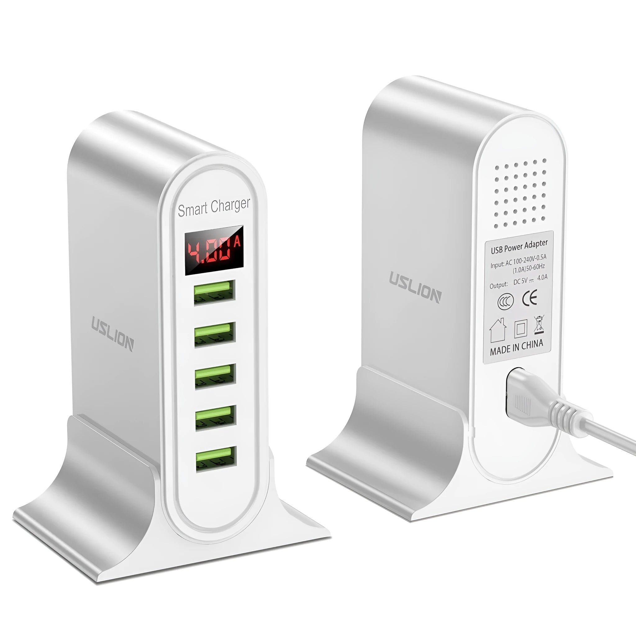 5-port USB digital display charger with LED screen, black, fireproof ABS housing, US plug