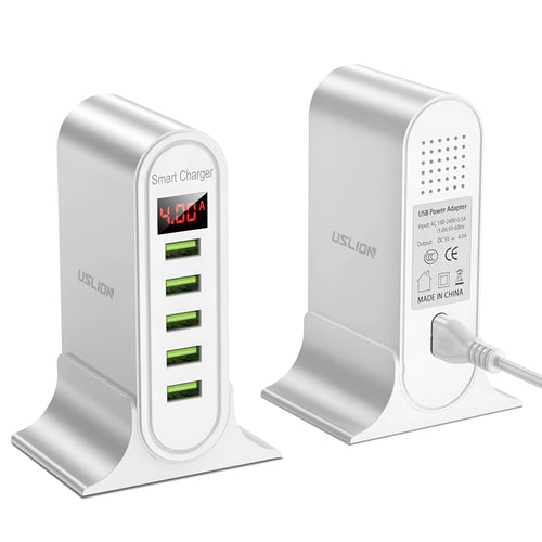 5-port USB digital display charger with LED screen, black, fireproof ABS housing, US plug