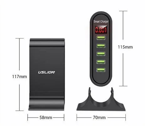 5-port USB digital display charger with LED screen, black, fireproof ABS housing, US plug