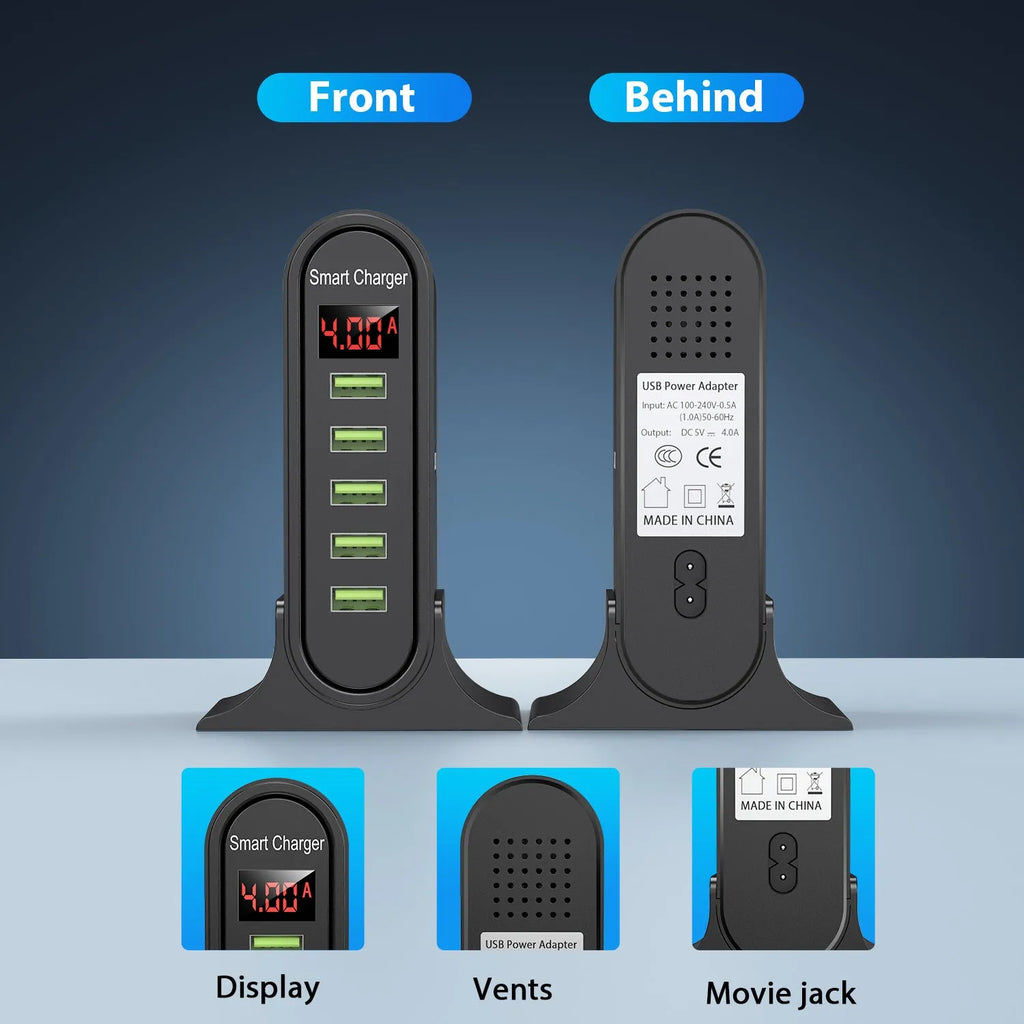 5-port USB digital display charger with LED screen, black, fireproof ABS housing, US plug