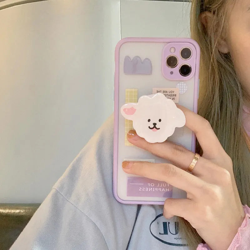 Frosted painted TPU phone case with built-in bracket stand for Apple iPhone, showing cartoon animal design.