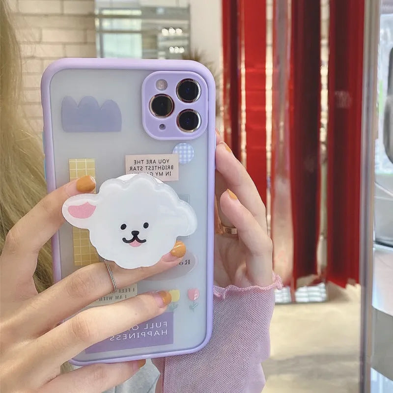 Frosted painted TPU phone case with built-in bracket stand for Apple iPhone, showing cartoon animal design.