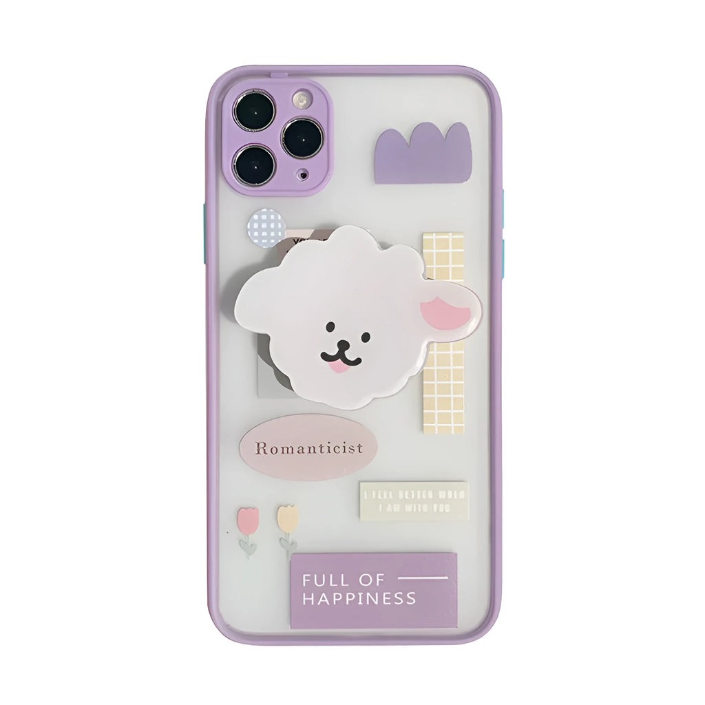 Frosted painted TPU phone case with built-in bracket stand for Apple iPhone, showing cartoon animal design.