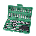 Green plastic case open to show a 46-piece alloy steel car repair tool set with ratchet, torque wrench, and sockets.