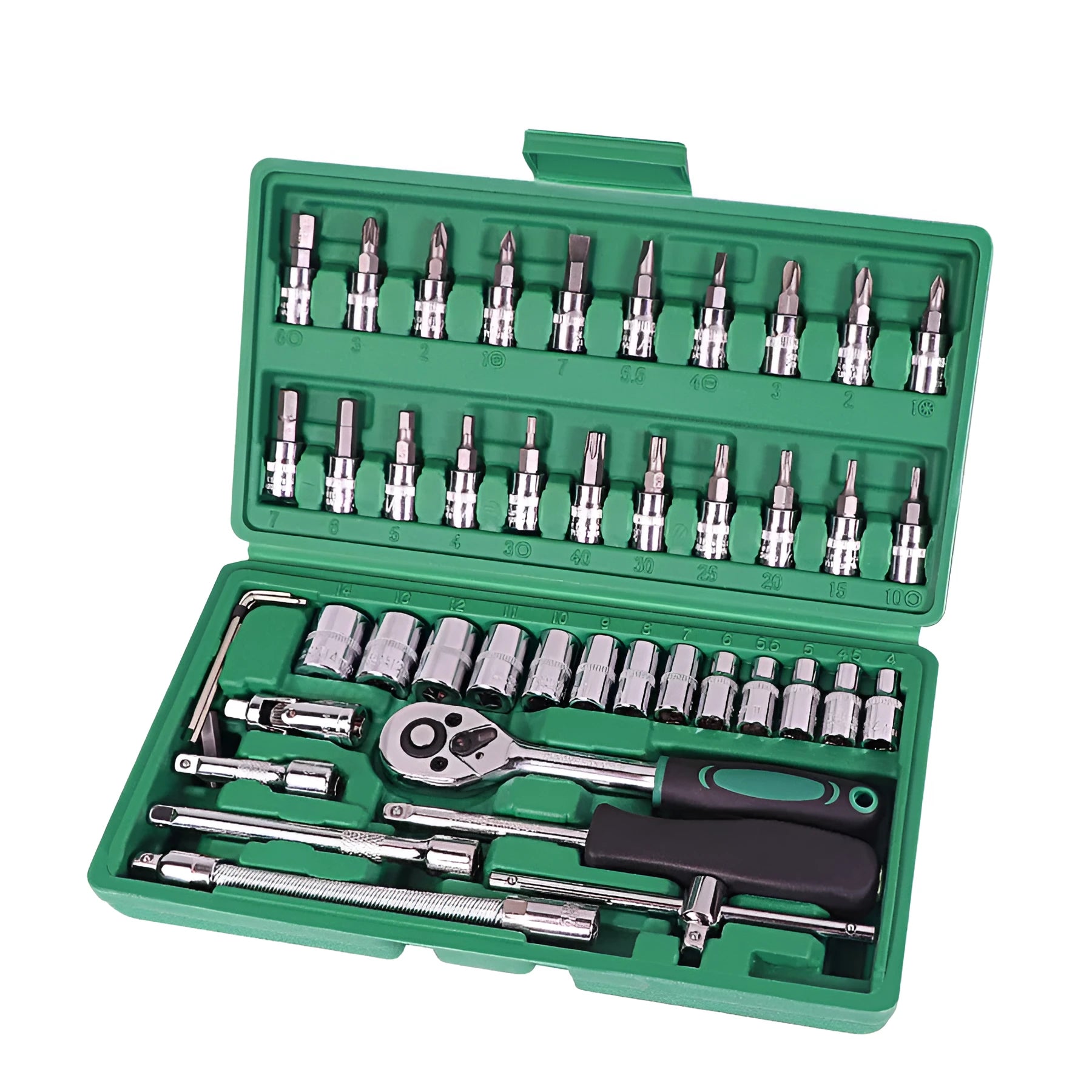 Green plastic case open to show a 46-piece alloy steel car repair tool set with ratchet, torque wrench, and sockets.