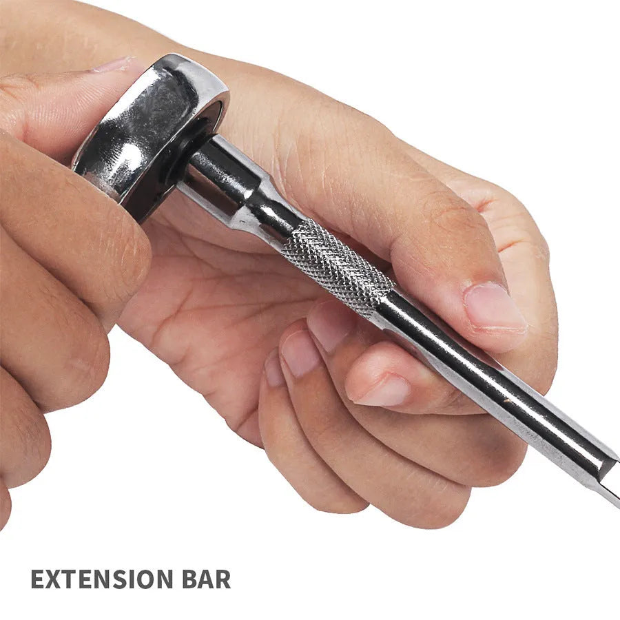 Green plastic case open to show a 46-piece alloy steel car repair tool set with ratchet, torque wrench, and sockets.