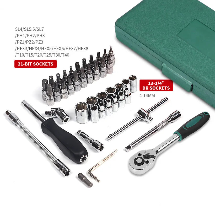 Green plastic case open to show a 46-piece alloy steel car repair tool set with ratchet, torque wrench, and sockets.