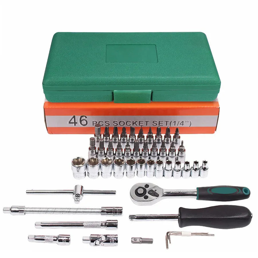 Green plastic case open to show a 46-piece alloy steel car repair tool set with ratchet, torque wrench, and sockets.