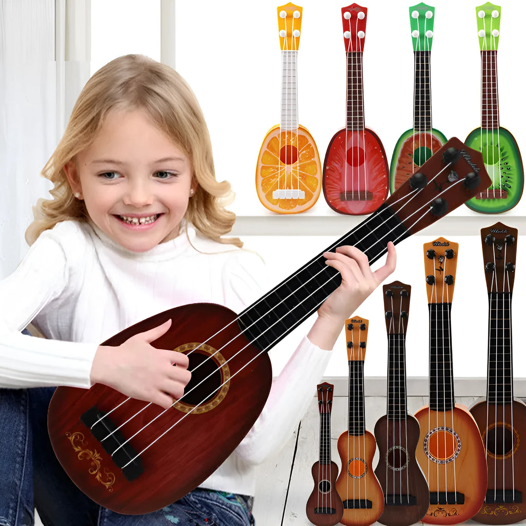 A retro-style plastic simulation ukulele toy for children, showing colour box packaging.
