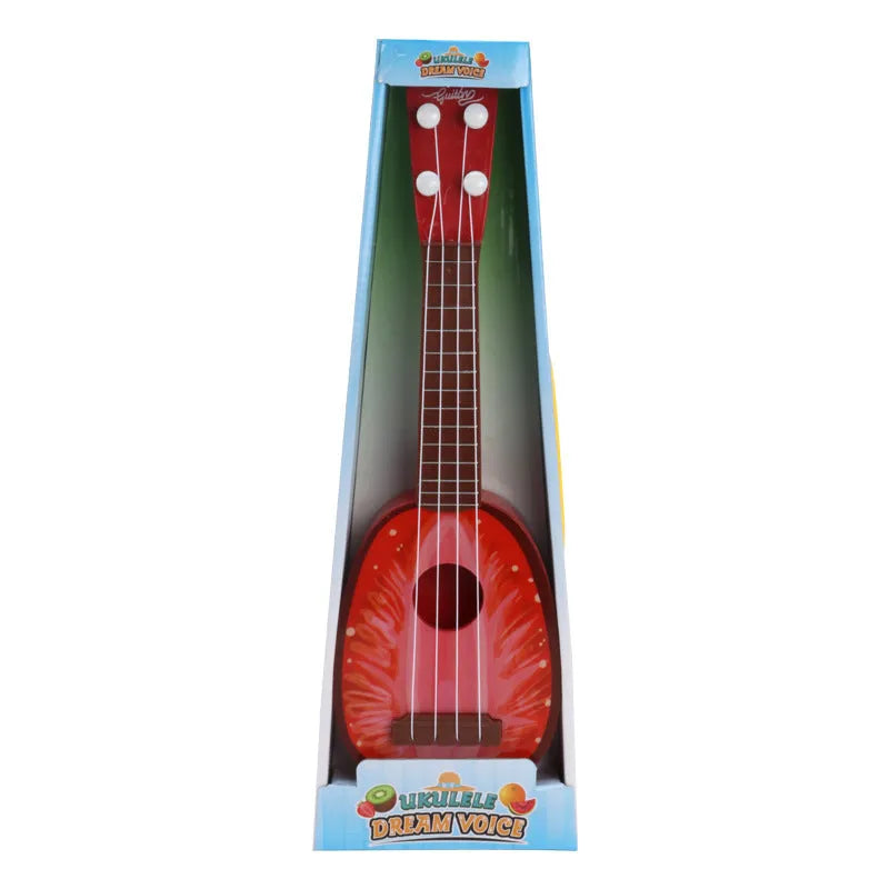 A retro-style plastic simulation ukulele toy for children, showing colour box packaging.