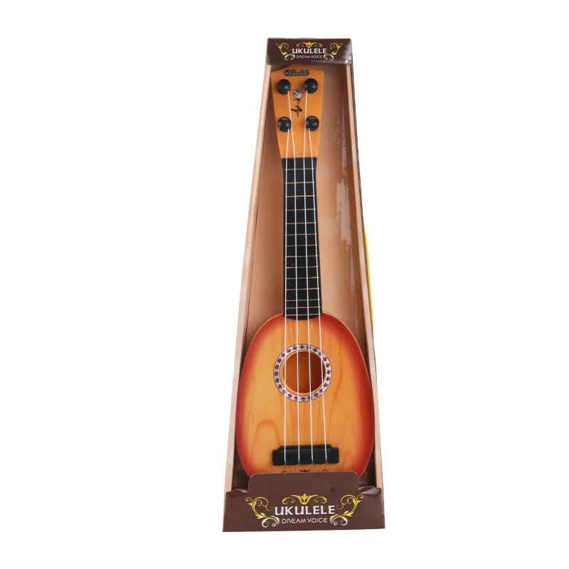 A retro-style plastic simulation ukulele toy for children, showing colour box packaging.