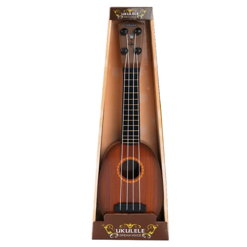 A retro-style plastic simulation ukulele toy for children, showing colour box packaging.