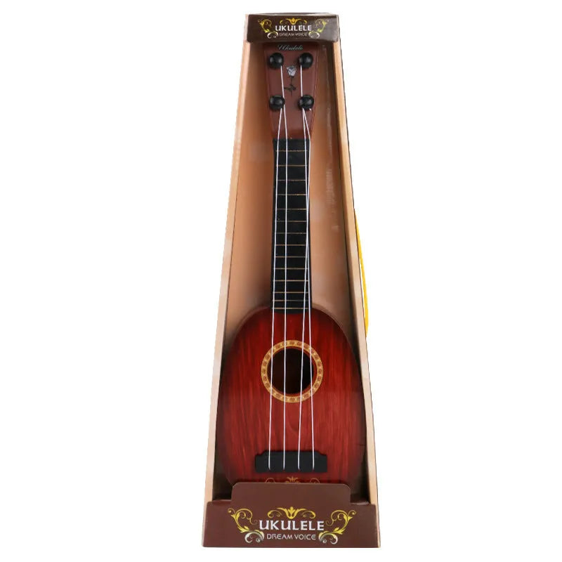 A retro-style plastic simulation ukulele toy for children, showing colour box packaging.