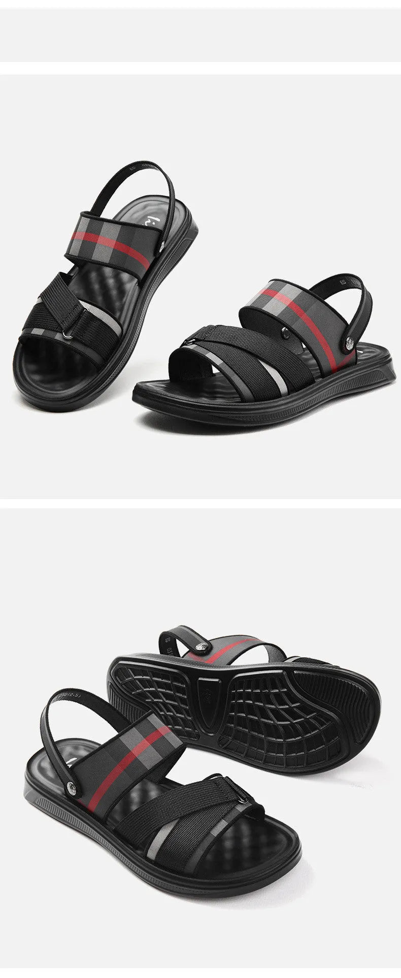 Youth leisure sports sandals with Lycra upper on a polyurethane sole, showing size options.
