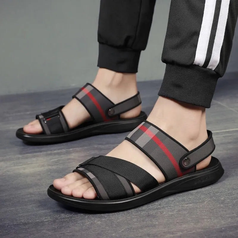 Youth leisure sports sandals with Lycra upper on a polyurethane sole, showing size options.