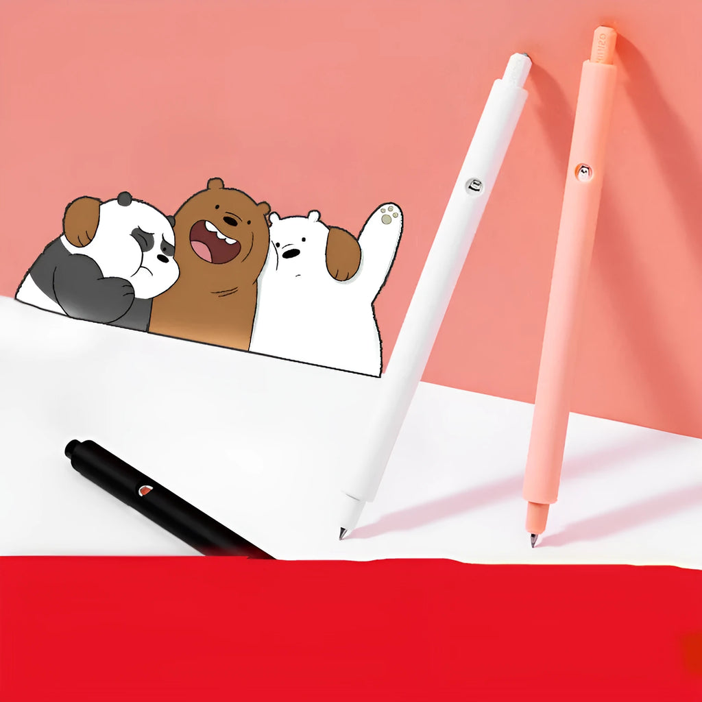 MINISO bare bear cartoon press gel pen with 0.5mm tip in black, pink, and white colour options.