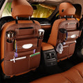 Leather car seat storage box hanging on back of front seat, available in black, beige, wine red, and brown colours