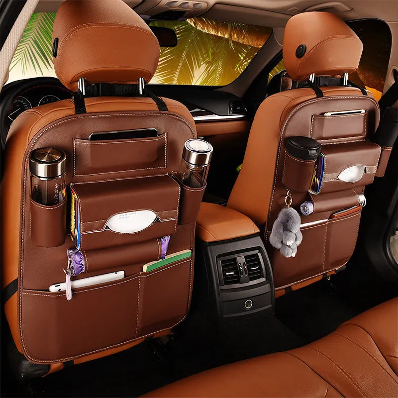 Leather car seat storage box hanging on back of front seat, available in black, beige, wine red, and brown colours