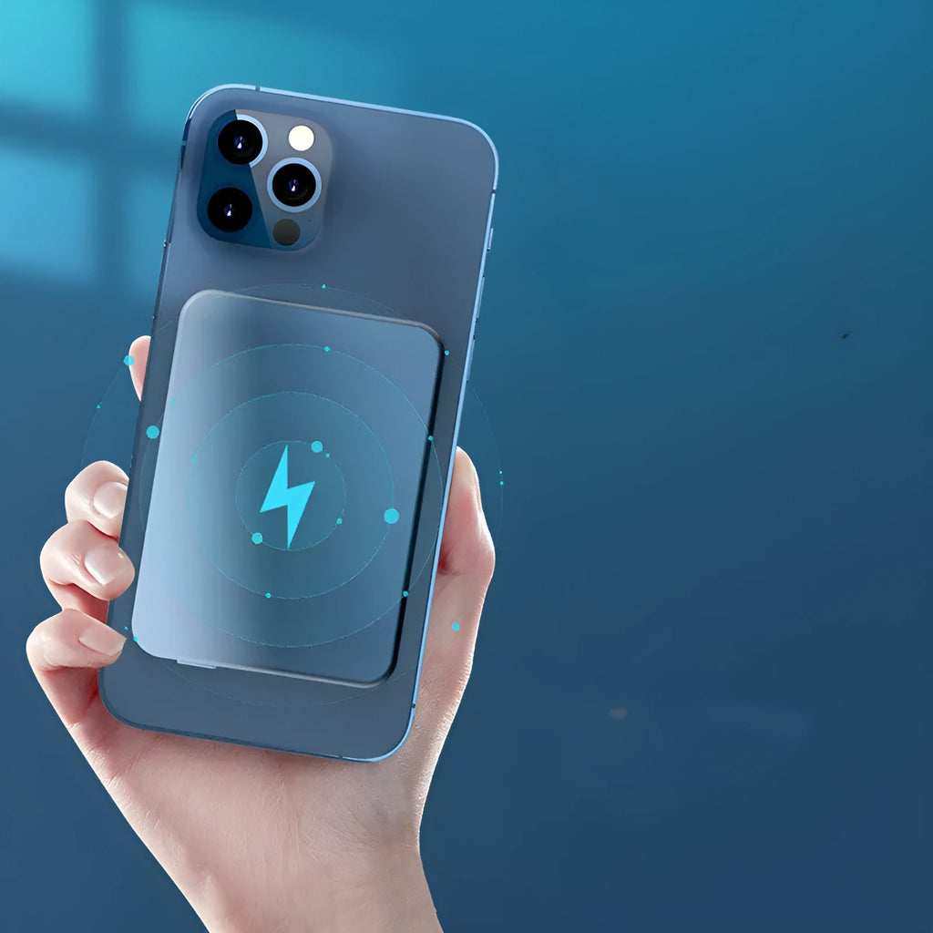 Silver aluminium wireless magnetic charging power bank showing USB-C port and compact size