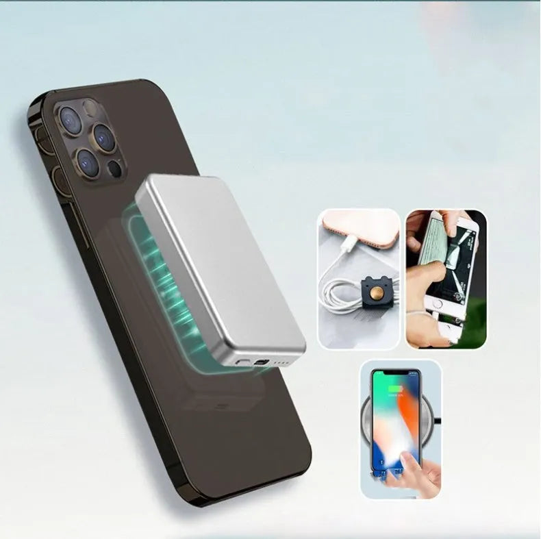 Silver aluminium wireless magnetic charging power bank showing USB-C port and compact size