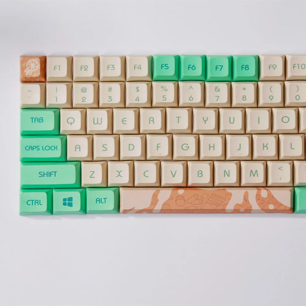 Mint Toffee DSA profile PBT keycap set showing 104 keys with ball cap design and media controls