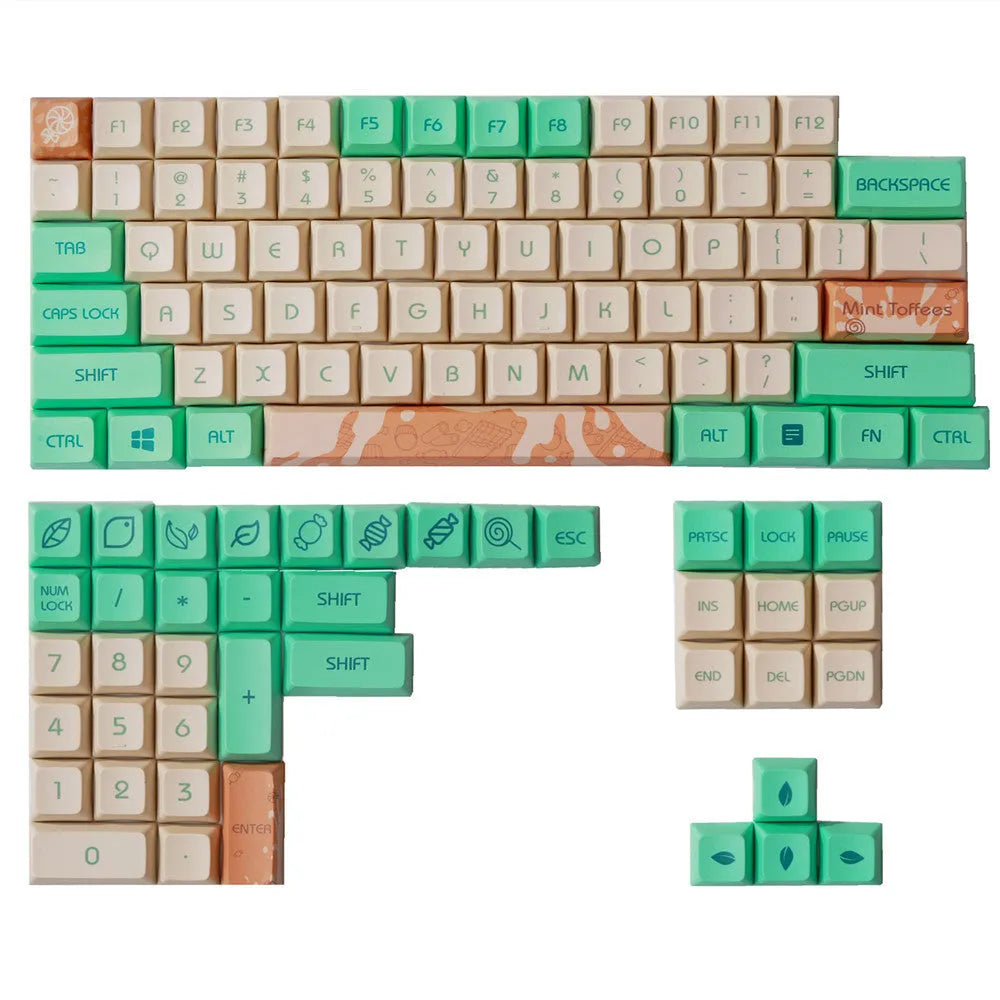 Mint Toffee DSA profile PBT keycap set showing 104 keys with ball cap design and media controls