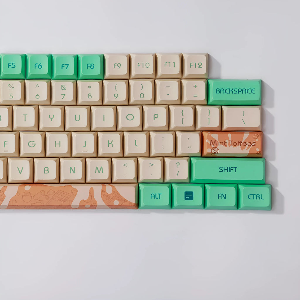 Mint Toffee DSA profile PBT keycap set showing 104 keys with ball cap design and media controls