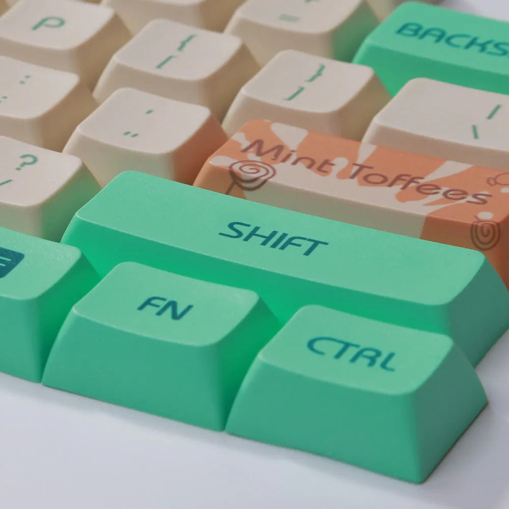 Mint Toffee DSA profile PBT keycap set showing 104 keys with ball cap design and media controls