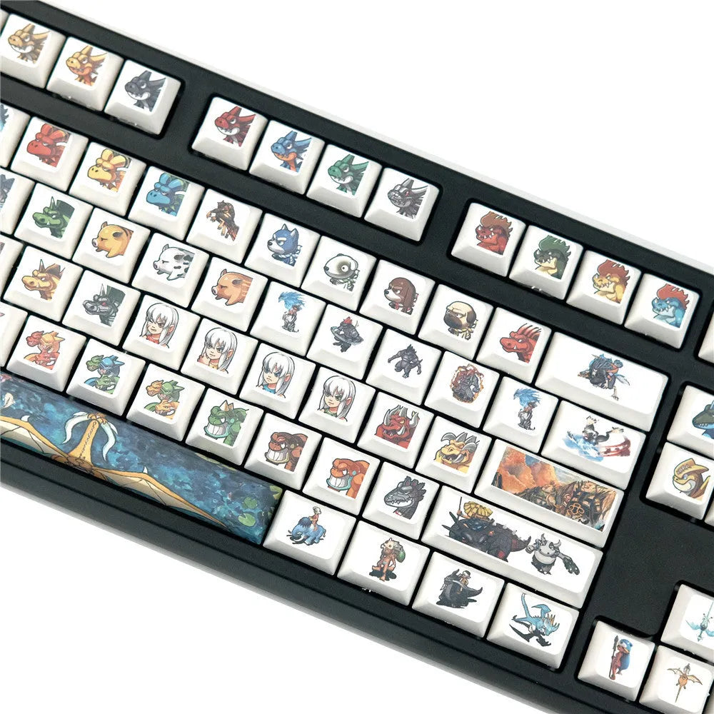 Colourful cartoon sublimation printed mechanical keyboard keycaps showing dedicated function key designs