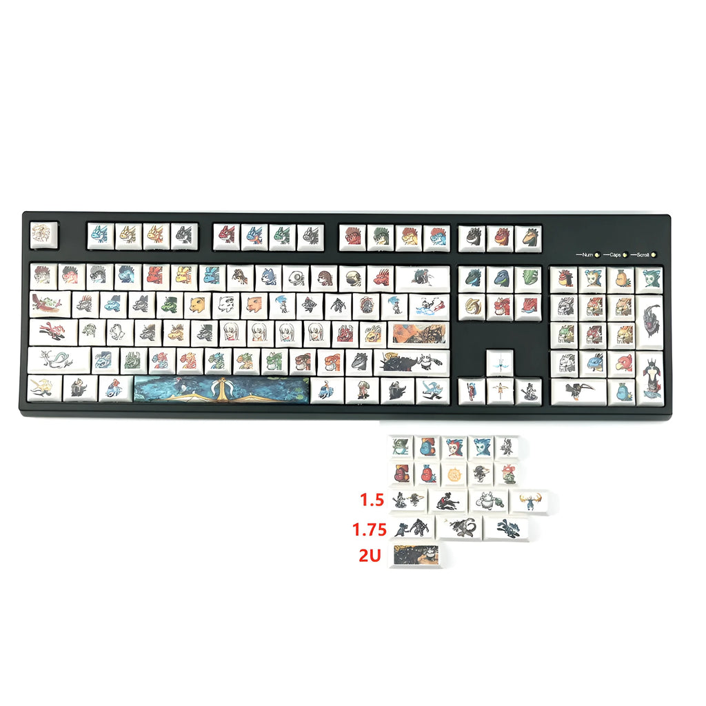 Colourful cartoon sublimation printed mechanical keyboard keycaps showing dedicated function key designs