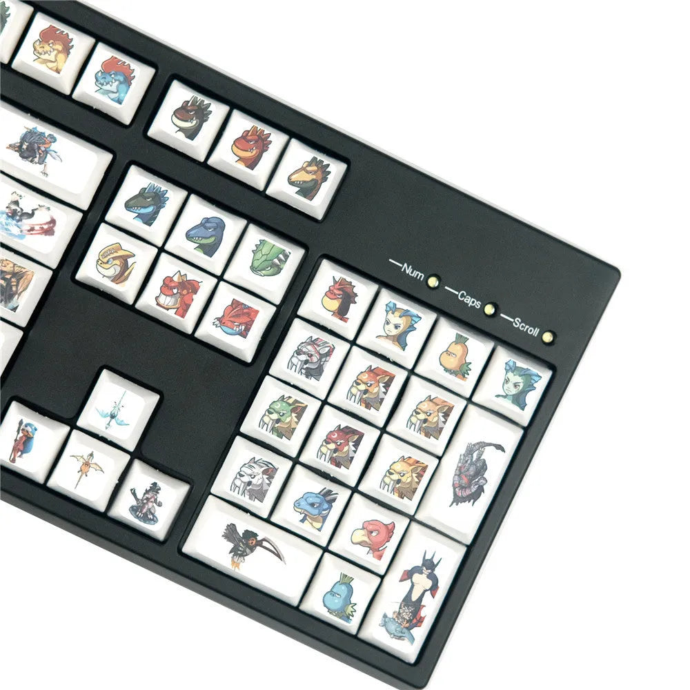 Colourful cartoon sublimation printed mechanical keyboard keycaps showing dedicated function key designs