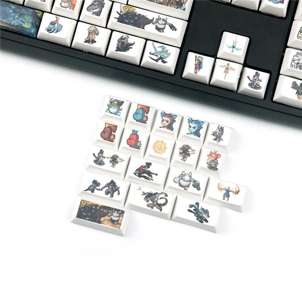 Colourful cartoon sublimation printed mechanical keyboard keycaps showing dedicated function key designs