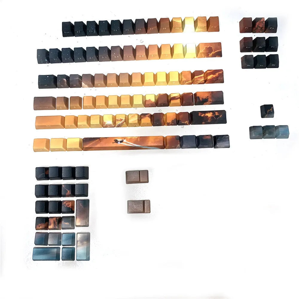 Universal mechanical keyboard keycap set with Saturn engraved designs showing Cherry MX stem compatibility