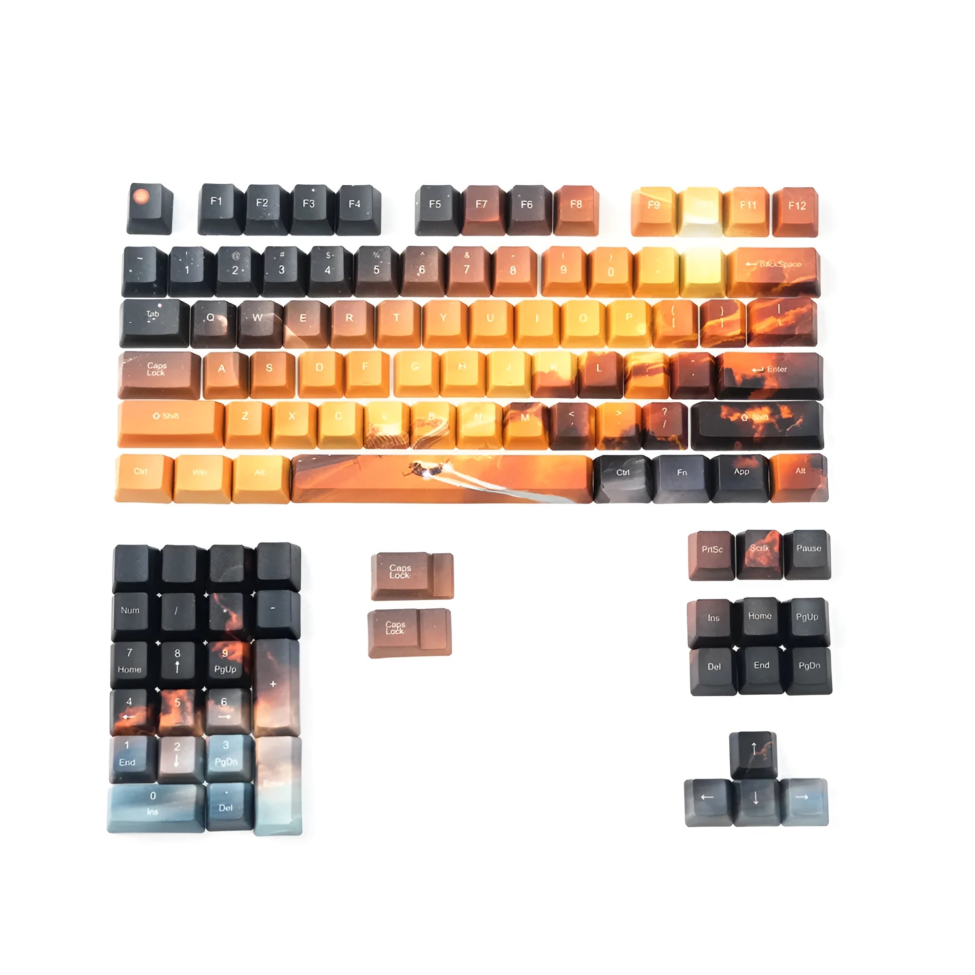 Universal mechanical keyboard keycap set with Saturn engraved designs showing Cherry MX stem compatibility