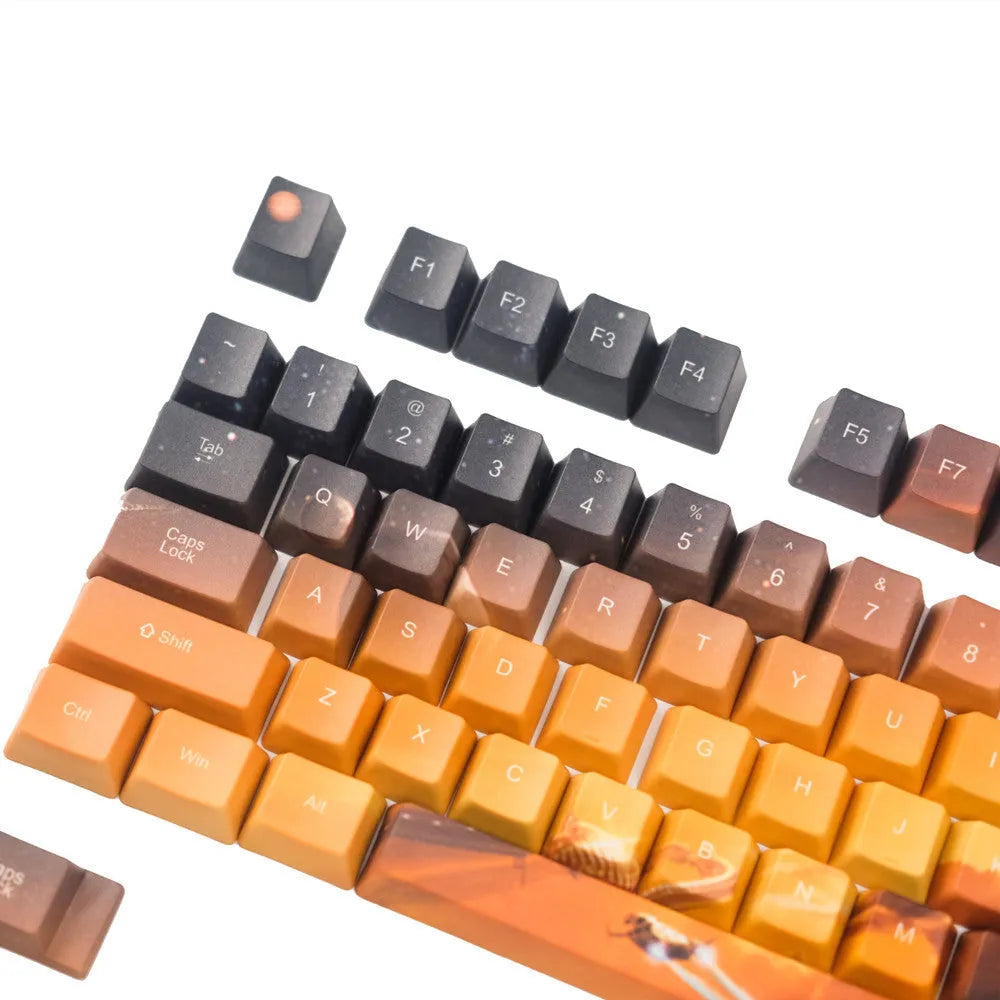 Universal mechanical keyboard keycap set with Saturn engraved designs showing Cherry MX stem compatibility