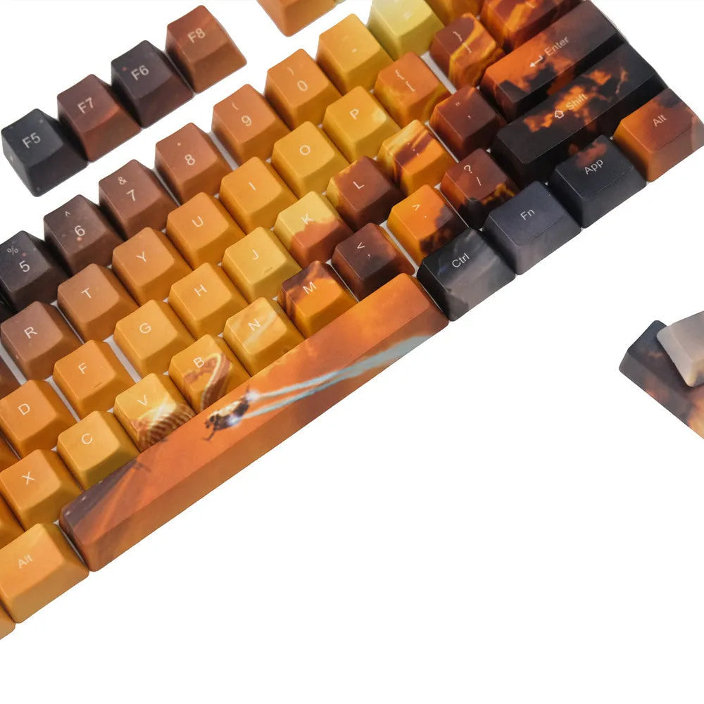 Universal mechanical keyboard keycap set with Saturn engraved designs showing Cherry MX stem compatibility