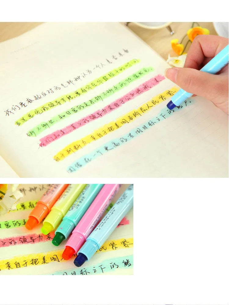 Set of six solid highlighter marker pens showing connectable ends and round tips.