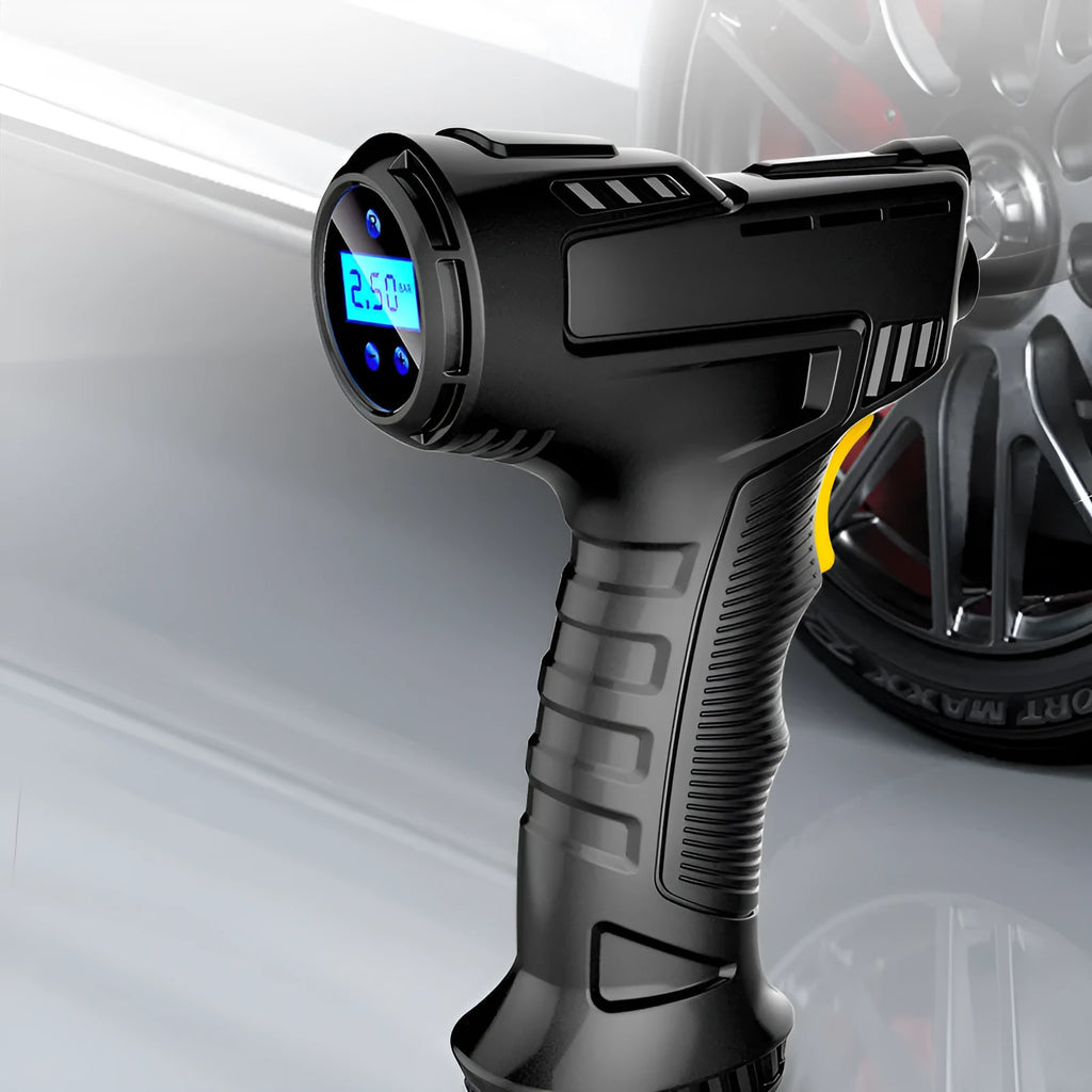 Black wireless charging car hand-held air pump with digital display and 150mm inflatable tube