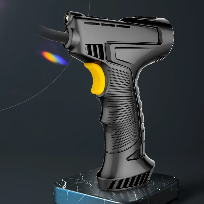 Black wireless charging car hand-held air pump with digital display and 150mm inflatable tube