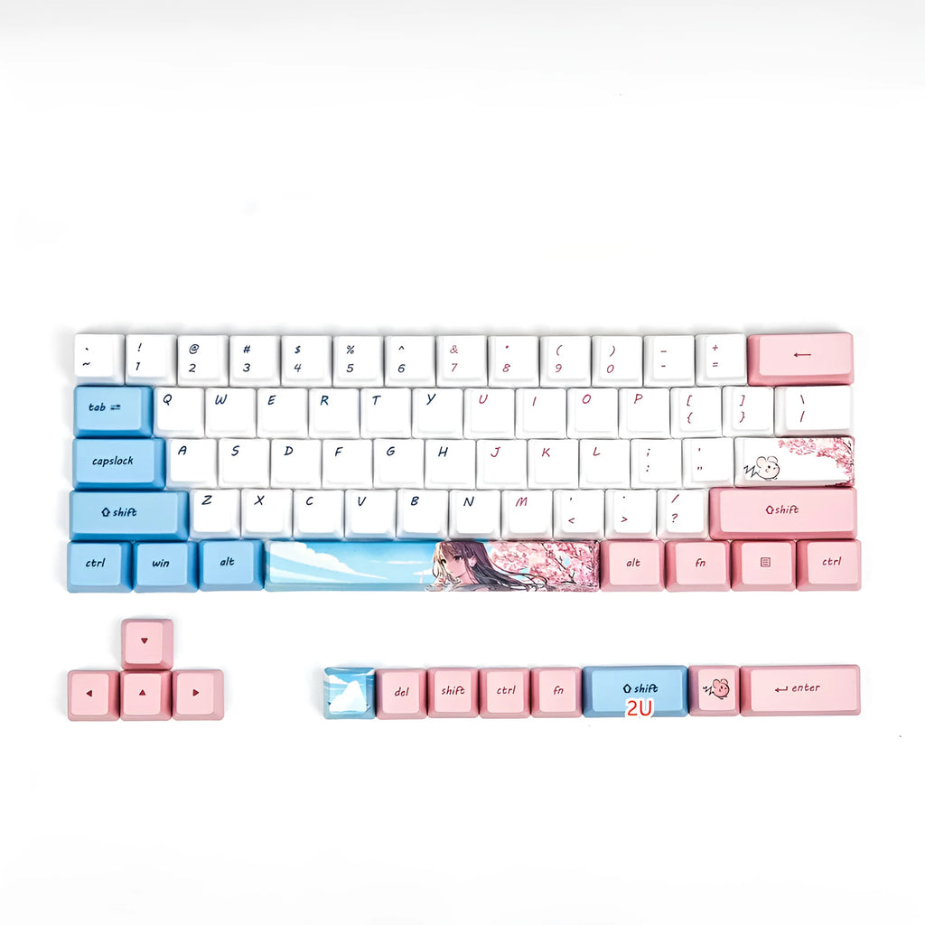 Pink cherry blossom cartoon animation PBT sublimation keycaps compatible with GK61 mechanical keyboard