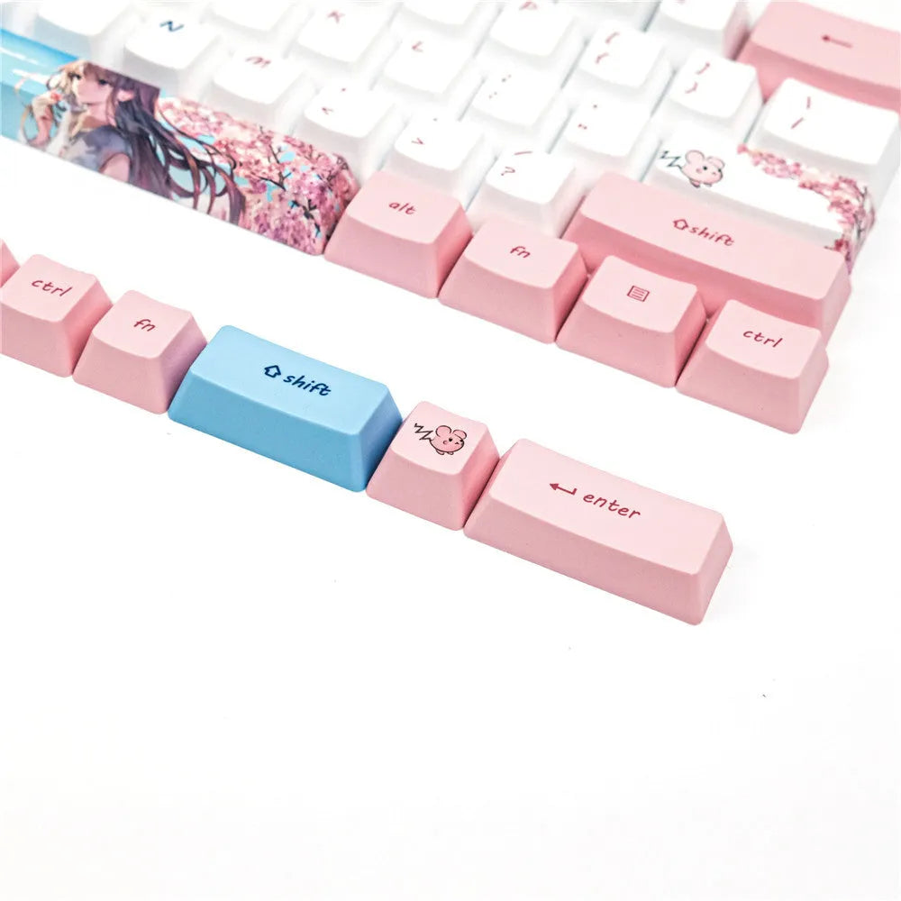 Pink cherry blossom cartoon animation PBT sublimation keycaps compatible with GK61 mechanical keyboard