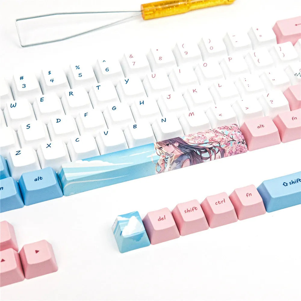 Pink cherry blossom cartoon animation PBT sublimation keycaps compatible with GK61 mechanical keyboard