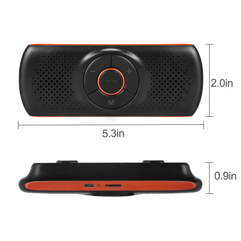 Orange Bluetooth car hands-free speaker mounted on sun visor with wireless smartphone connectivity