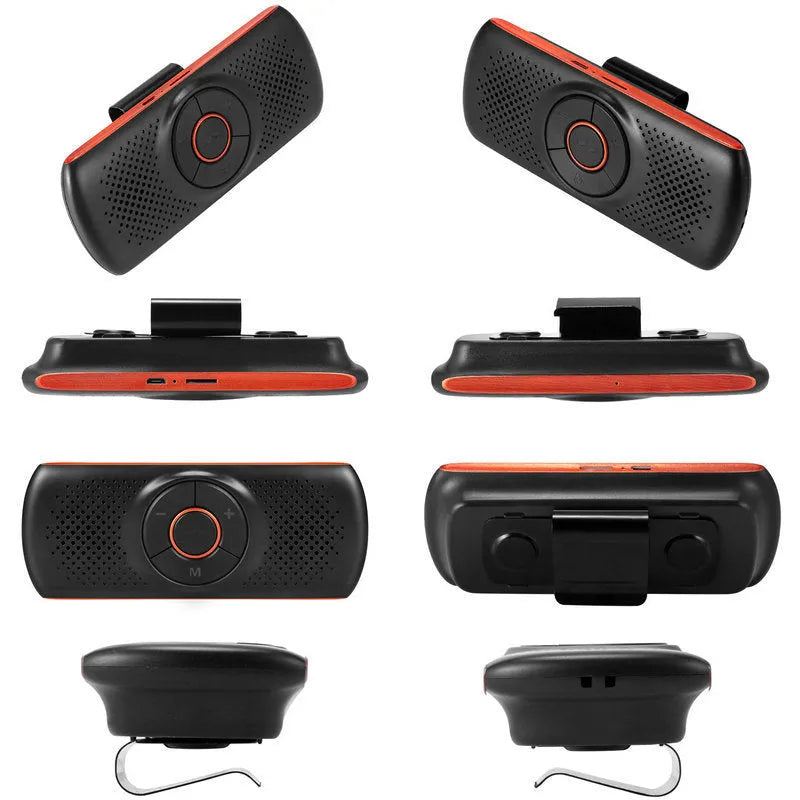 Orange Bluetooth car hands-free speaker mounted on sun visor with wireless smartphone connectivity