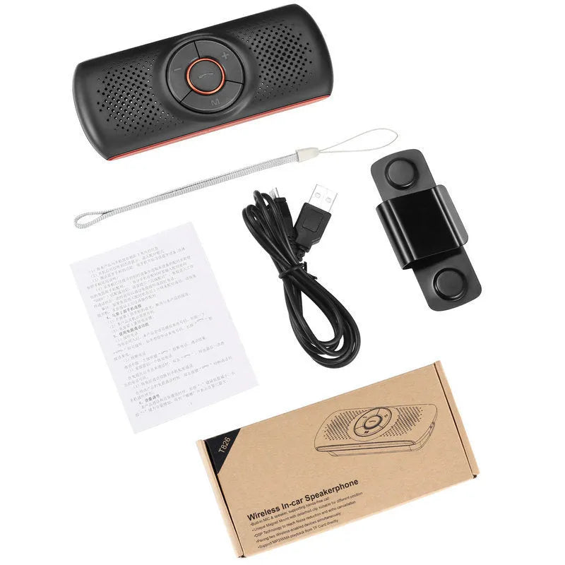 Orange Bluetooth car hands-free speaker mounted on sun visor with wireless smartphone connectivity